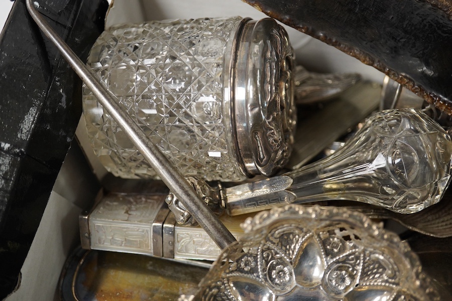 A group of assorted silver etc. including a mounted hand mirror and two brushes, two card cases (both a.f.), caddy spoon, fruit knife, page turners (a.f.), shoe pin cushion, cased folding comb and other mainly damaged it